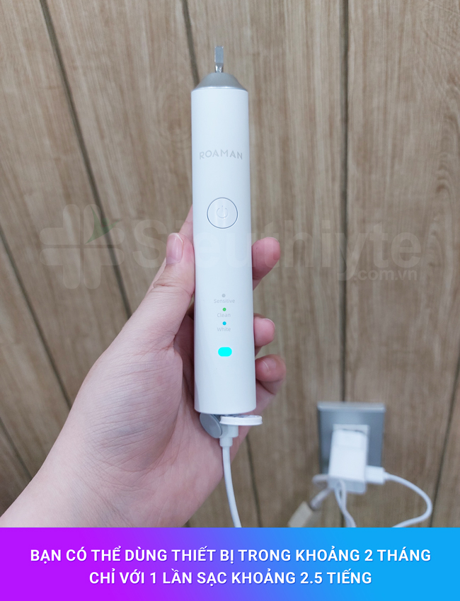 Chỉ 1 lần sạc 2.5 tiếng, bạn có thể dùng bàn chải điện ROAMAN trong 2 tháng