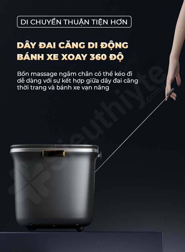 Bồn ngâm chân K2 với dây đai di động và bánh xe 360 độ giúp di chuyển thuận lợi hơn