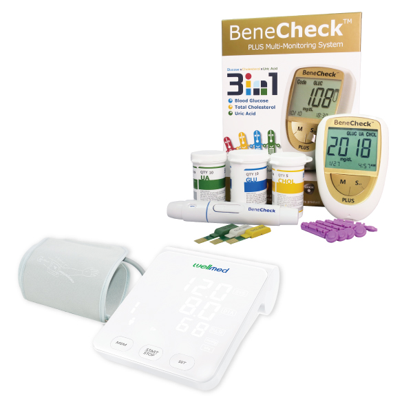 Combo Máy đo đường huyết - mỡ máu - gút BeneCheck & Máy đo huyết áp Wellmed FDBP-A4