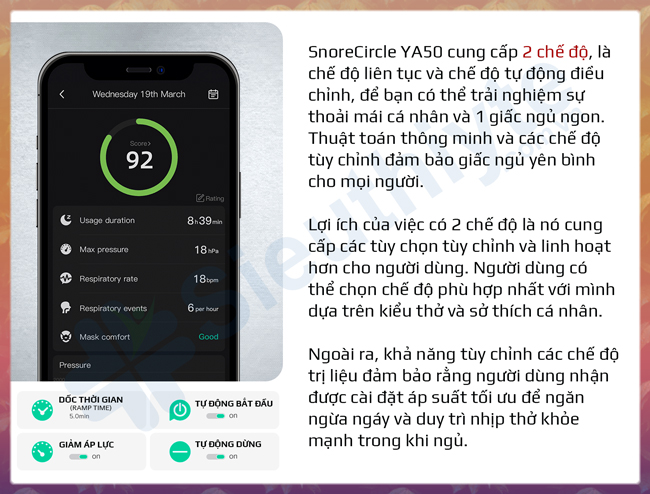 Máy trợ thở Snore Circle YA50 CPAP có 2 chế độ