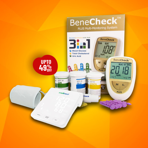 Combo Máy đo đường huyết - mỡ máu - gút BeneCheck & Máy đo huyết áp Wellmed FDBP-A4